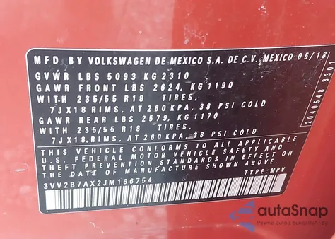 2018 Volkswagen Tiguan 2.0T Se/2.0T Sel z USA, uszkodzony, nr VIN 3VV2B7AX2JM166754